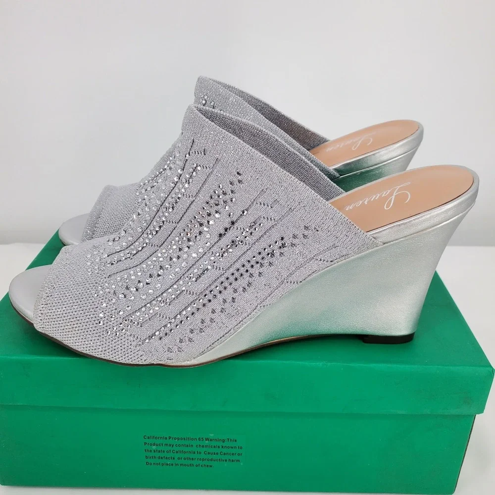 Lauren Lorraine Martha Silver Rhinestone Wedge Mules Peep Toe Sandals Womens 10